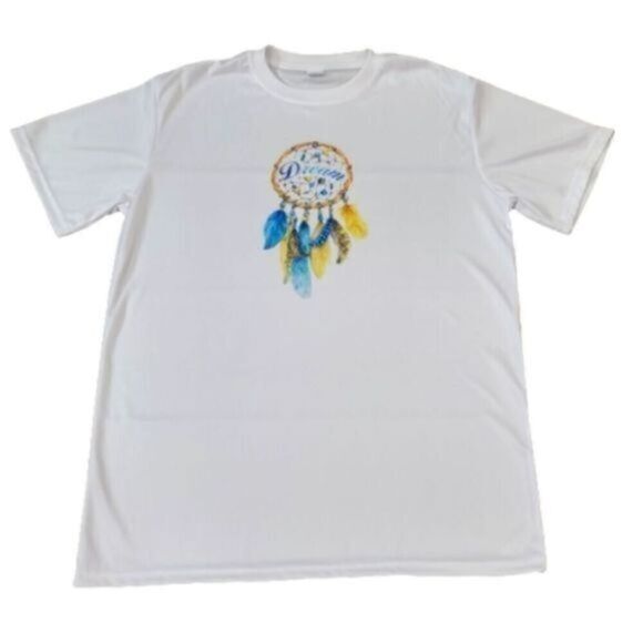 EUC White Short Sleeve Bright Blue Yellow Dreamcatcher Top Shirt a Size Large - Picture 1 of 5